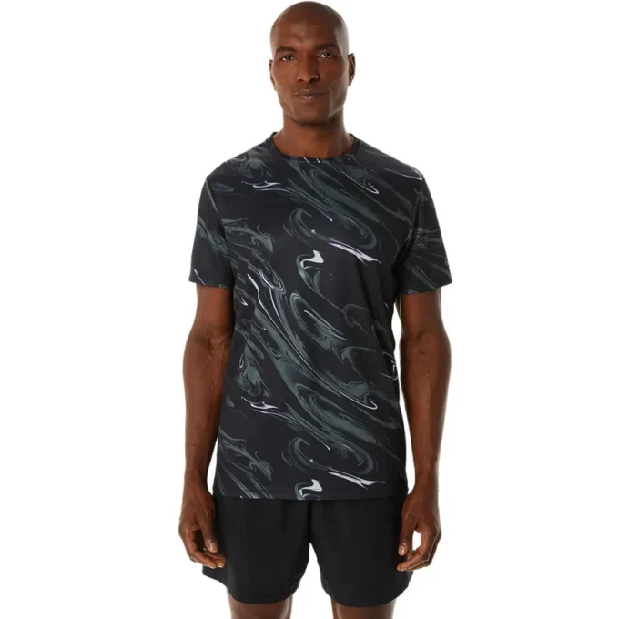 Top a maniche corte con stampa a motivo Suminagashi “Black”
