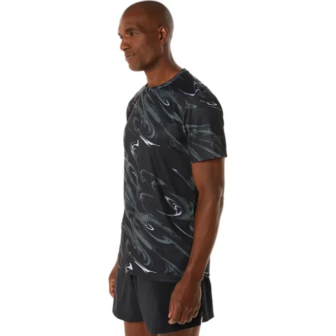 Top a maniche corte con stampa a motivo Suminagashi “Black”