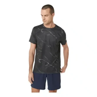 Top a maniche corte con stampa a motivo Suminagashi “Graphite Grey”