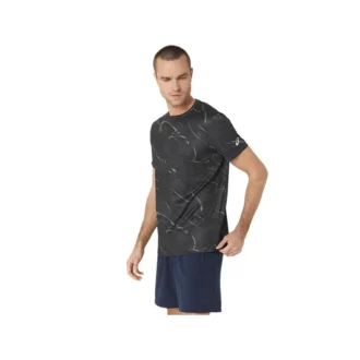 Top a maniche corte con stampa a motivo Suminagashi “Graphite Grey”