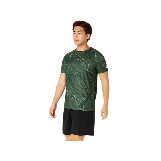 Top a maniche corte con stampa a motivo Suminagashi “Serpentine Green”